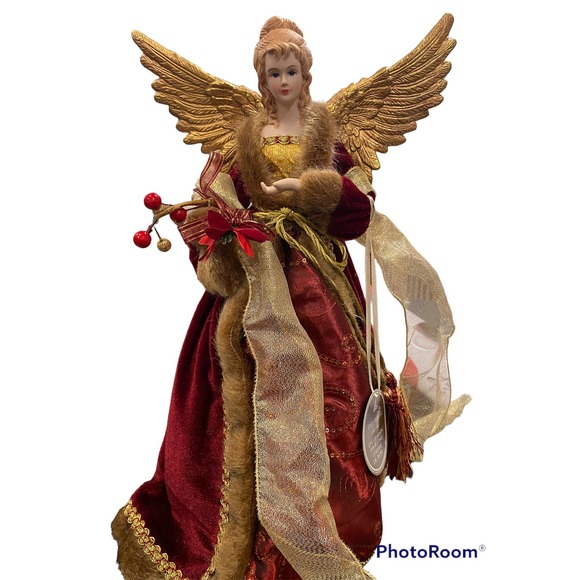 NWT Wellesley Manor Angel Tree Topper with Red Velvet, Fur and Sequined trim - Picture 1 of 5